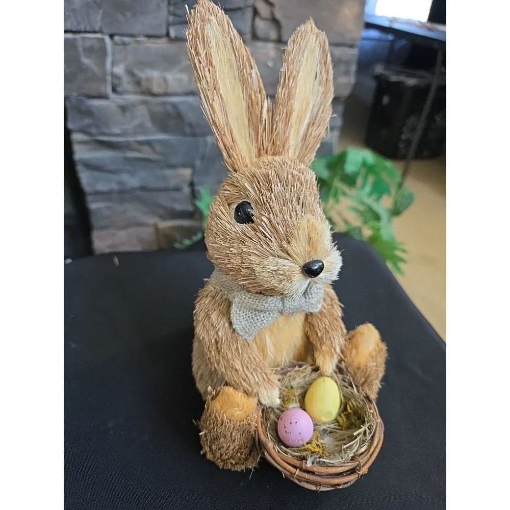 PIER 1 Easter Sisal Bunny Rabbit w/ pastel eggs Spring Shelf Decor 10
